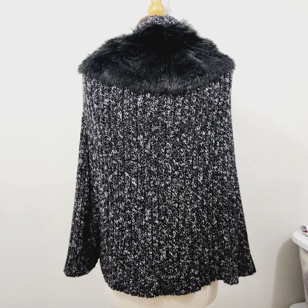 Soft Surroundings Kasa Cape Black White Marble Faux Fur Stretch Knit NWT OSFM